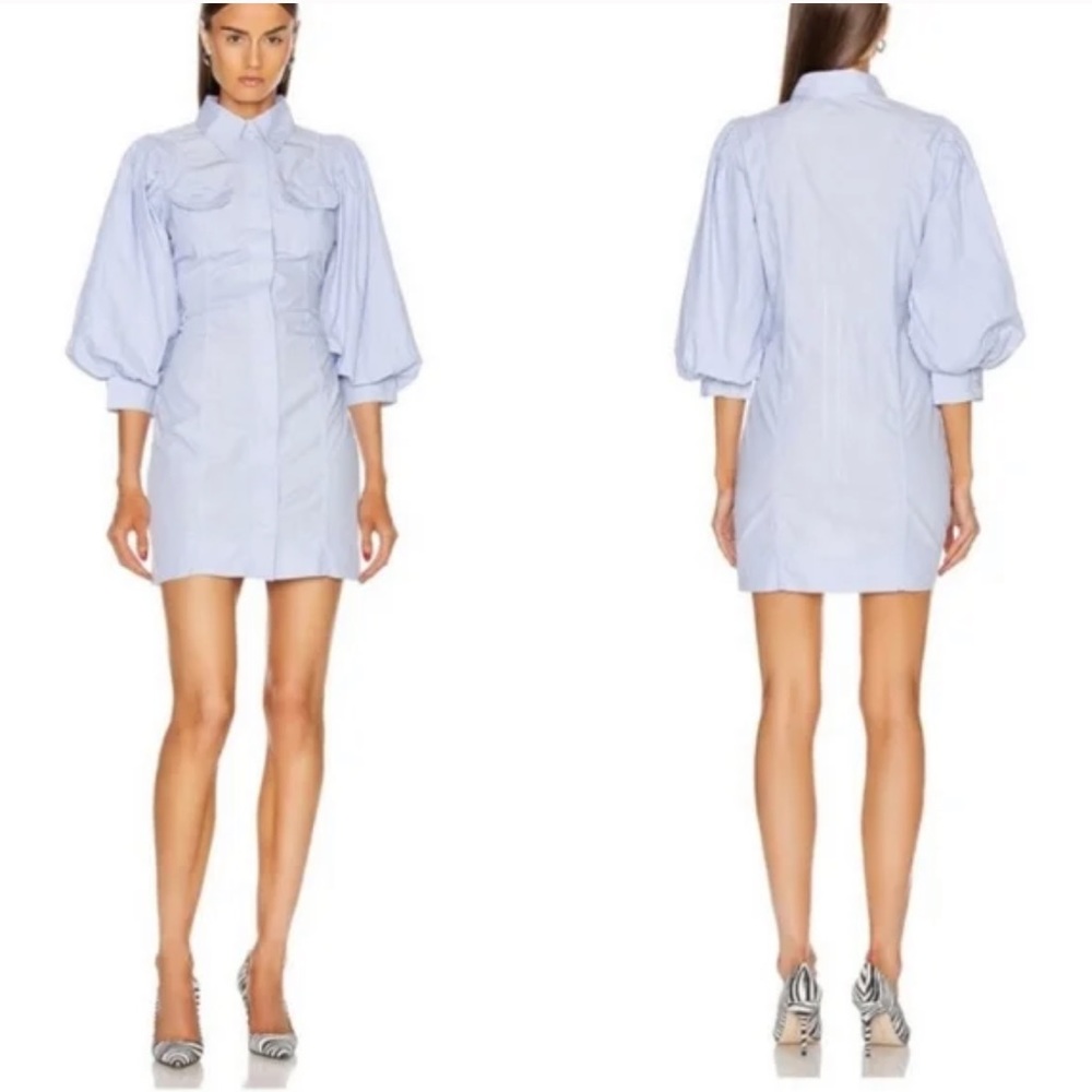 Ganni Blue Cotton Striped Button Front Balloon Sleeve Shirt Dress Mini - Picture 1 of 8